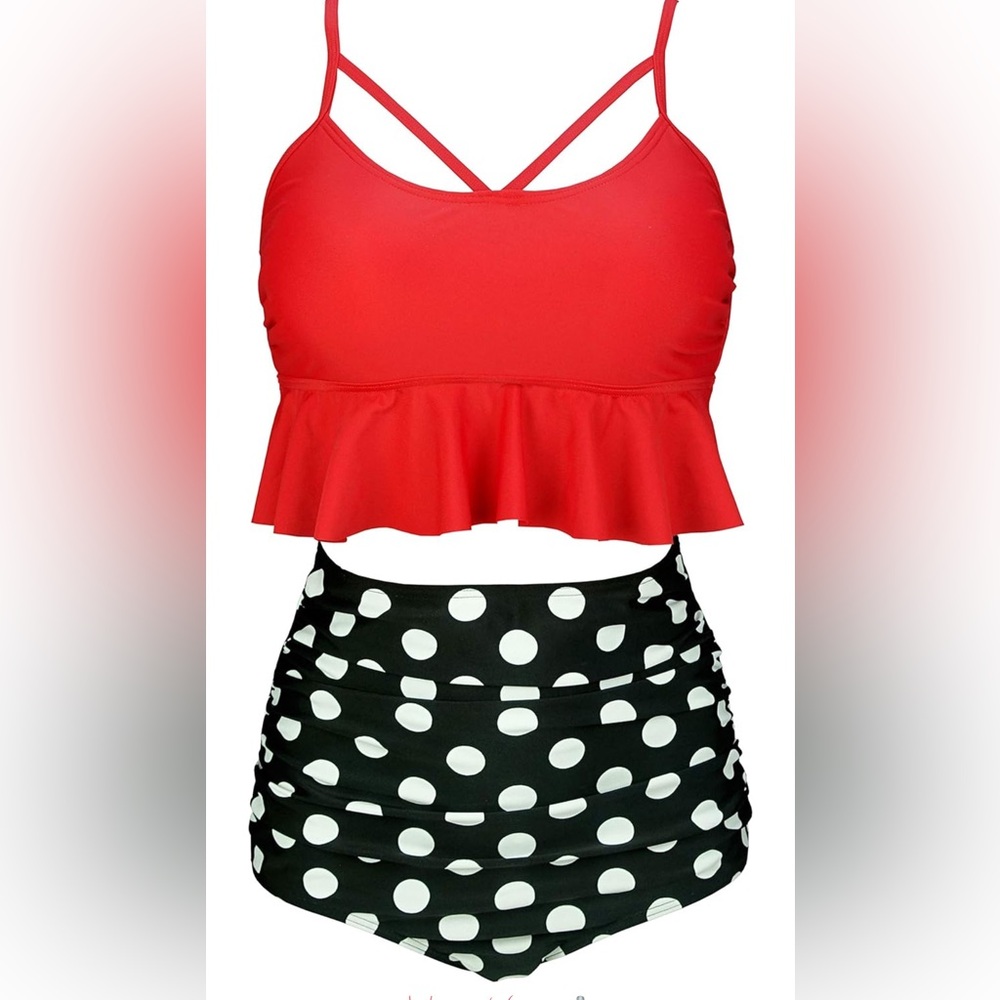 Cocoship Red Ruffled Bikini Top with Polka Dot High Waisted Bottom
